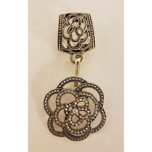 Jewelry Scarf ring with hanging Mandela, silver-tone w clear stones (J75)